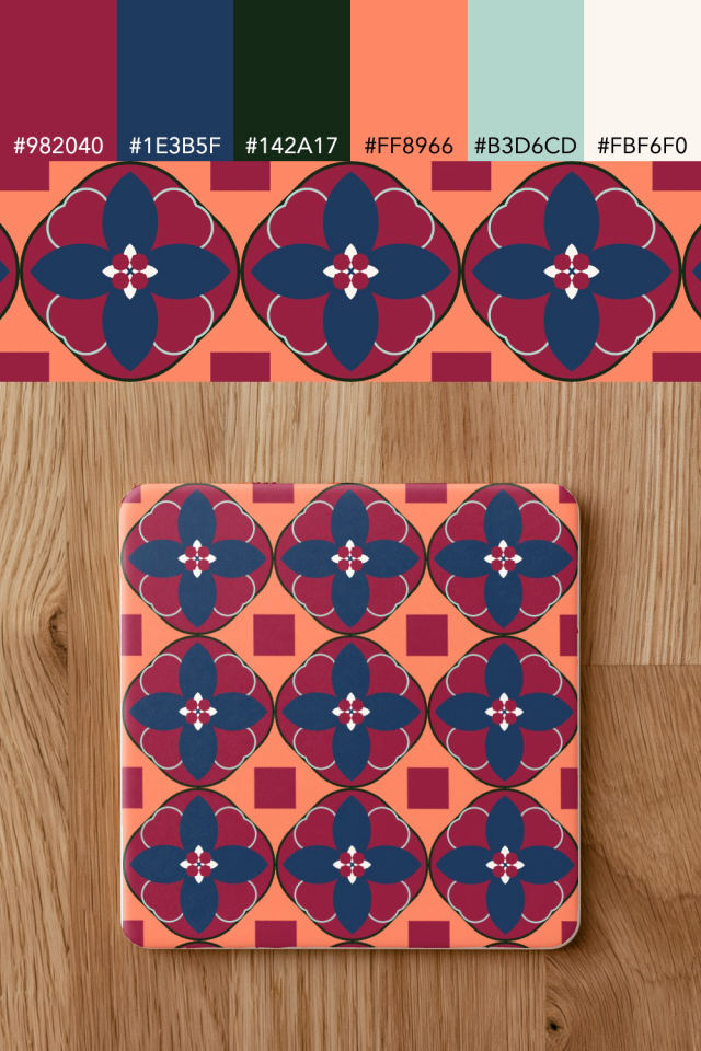the colors one coral navy tile is drawn in, with their hex codes, and the tile printed on a coaster