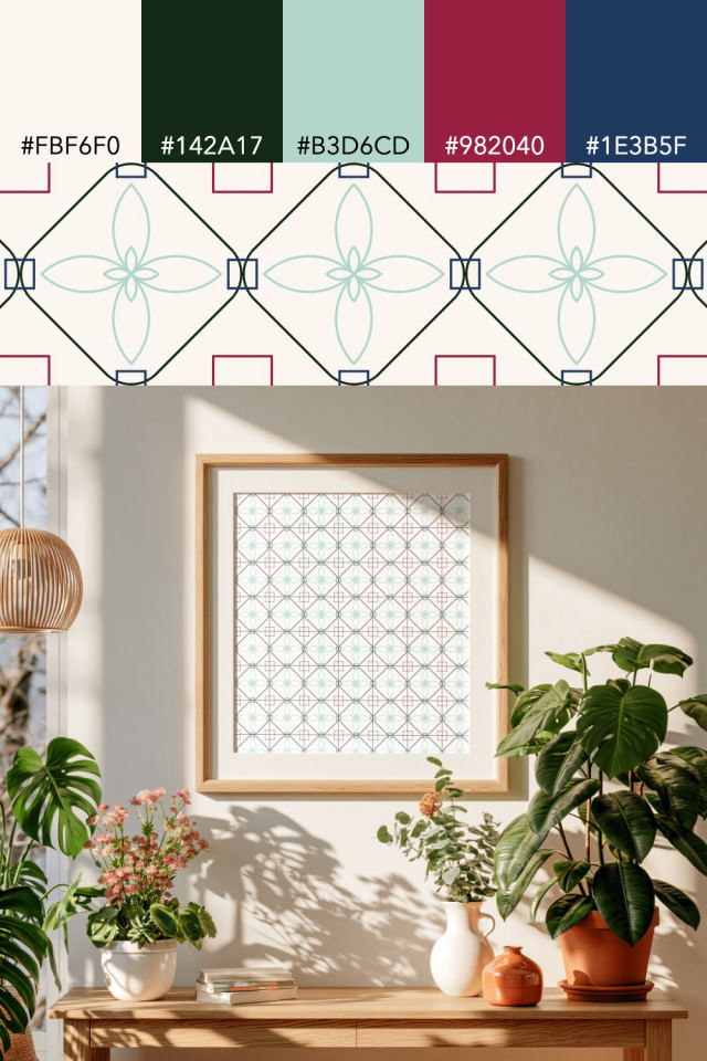 the colors one coral navy tile is drawn in, with their hex codes, and the tile printed on a frame