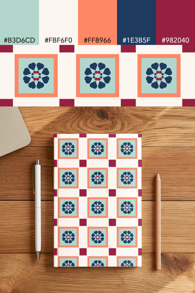 the colors one coral navy tile is drawn in, with their hex codes, and the tile printed on a notebook