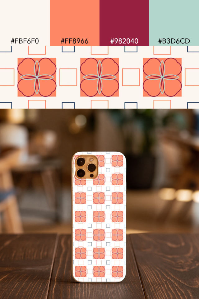 the colors one coral navy tile is drawn in, with their hex codes, and the tile printed on a phone case