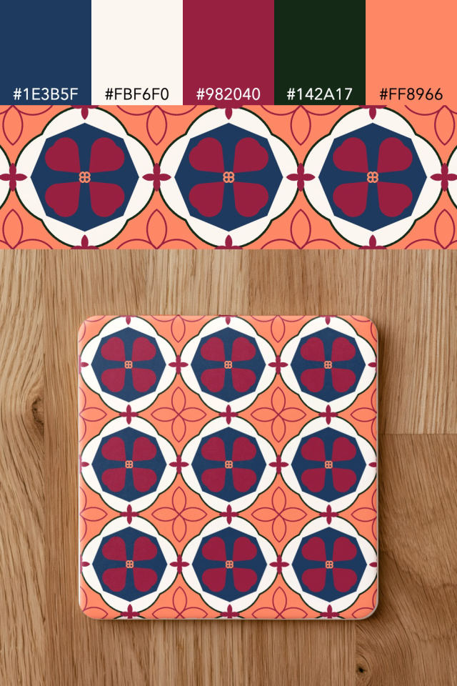 the colors one coral navy tile is drawn in, with their hex codes, and the tile printed on a coaster