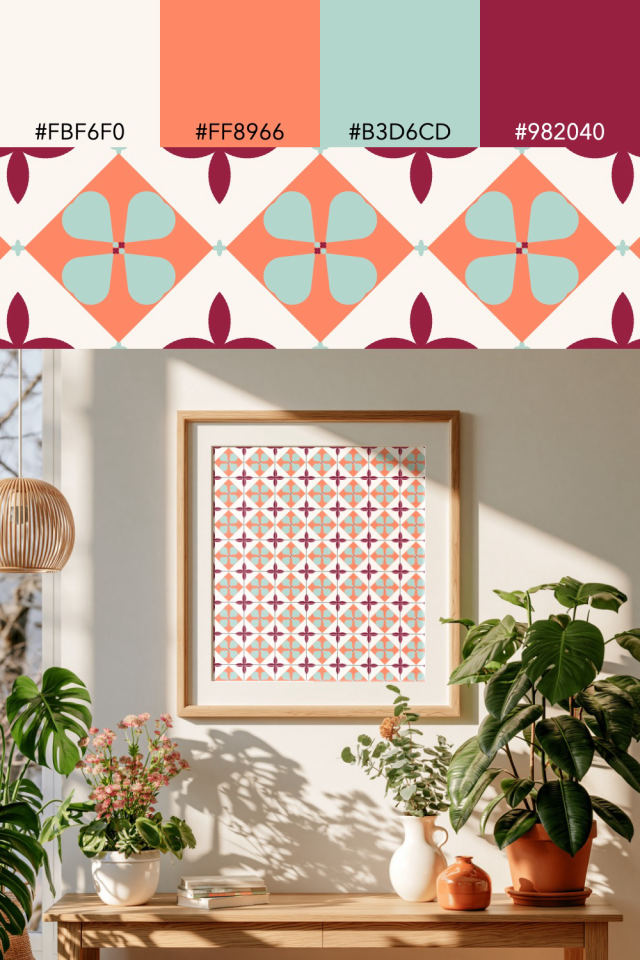 the colors one coral navy tile is drawn in, with their hex codes, and the tile printed on a frame