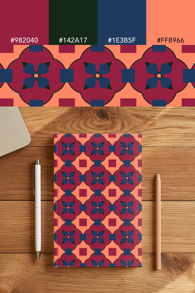 the colors one coral navy tile is drawn in, with their hex codes, and the tile printed on a notebook