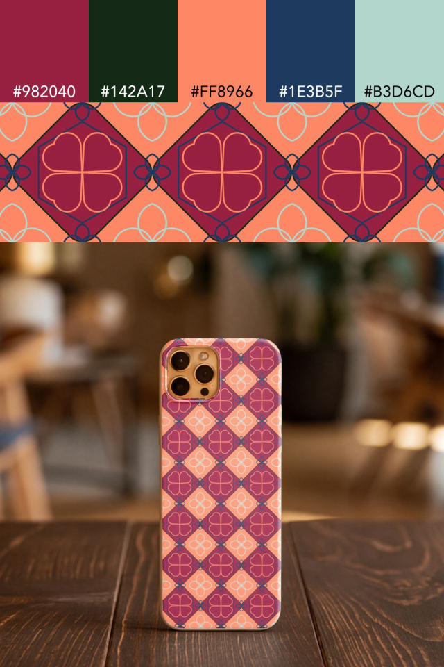 the colors one coral navy tile is drawn in, with their hex codes, and the tile printed on a phone case