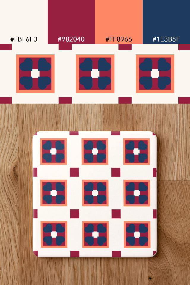 the colors one coral navy tile is drawn in, with their hex codes, and the tile printed on a coaster