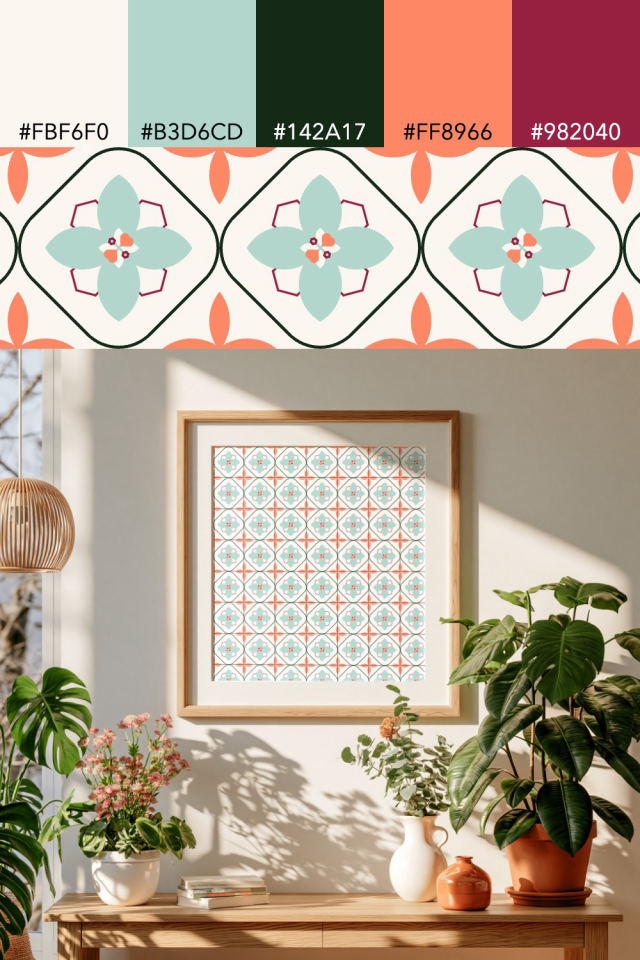 the colors one coral navy tile is drawn in, with their hex codes, and the tile printed on a frame
