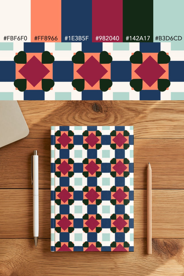 the colors one coral navy tile is drawn in, with their hex codes, and the tile printed on a notebook