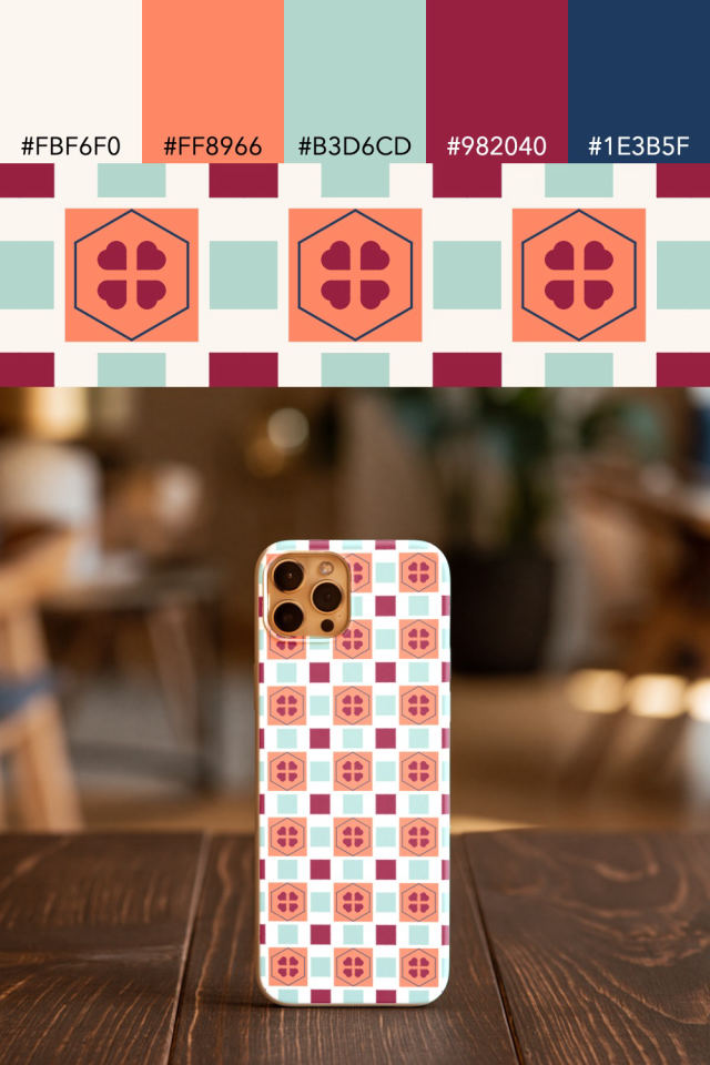 the colors one coral navy tile is drawn in, with their hex codes, and the tile printed on a phone case