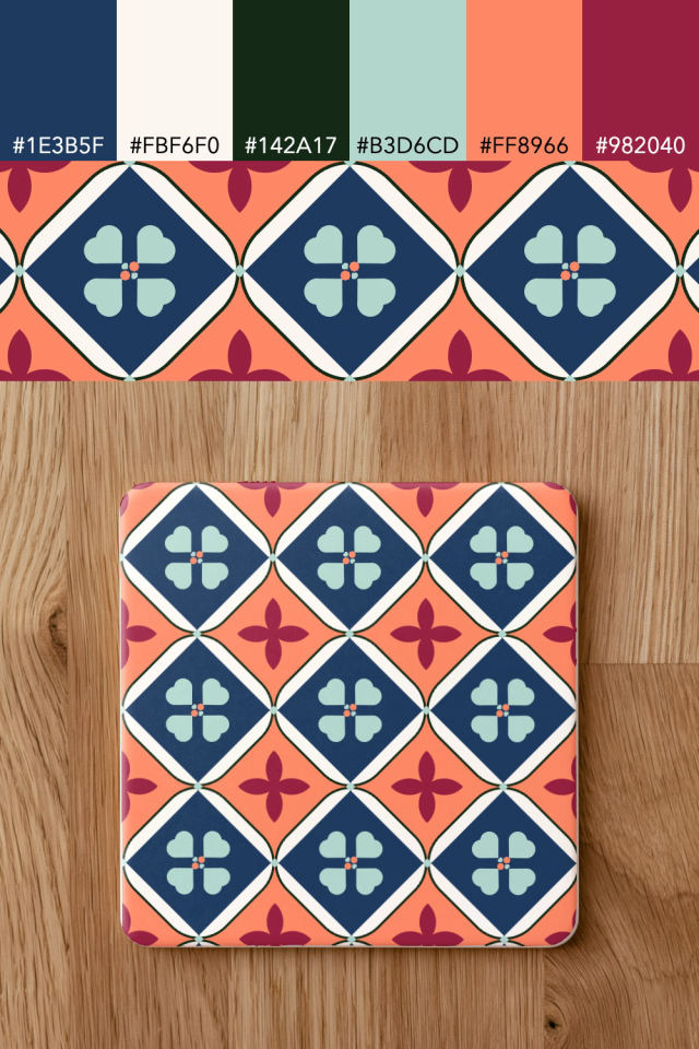 the colors one coral navy tile is drawn in, with their hex codes, and the tile printed on a coaster