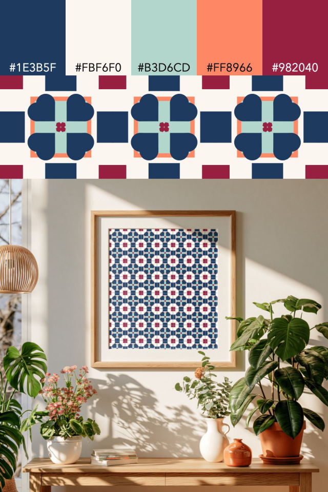 the colors one coral navy tile is drawn in, with their hex codes, and the tile printed on a frame