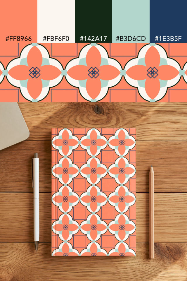the colors one coral navy tile is drawn in, with their hex codes, and the tile printed on a notebook