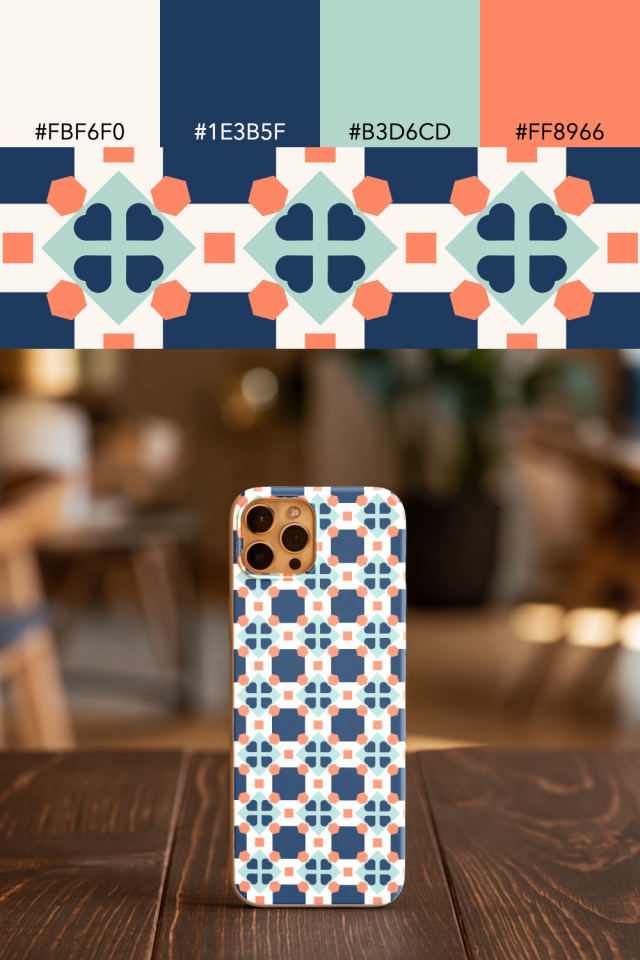 the colors one coral navy tile is drawn in, with their hex codes, and the tile printed on a phone case
