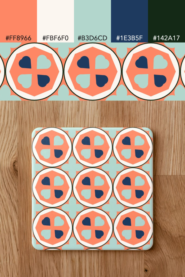 the colors one coral navy tile is drawn in, with their hex codes, and the tile printed on a coaster