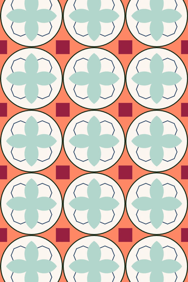 a coral navy tile pattern repeating 3 across, edge to edge