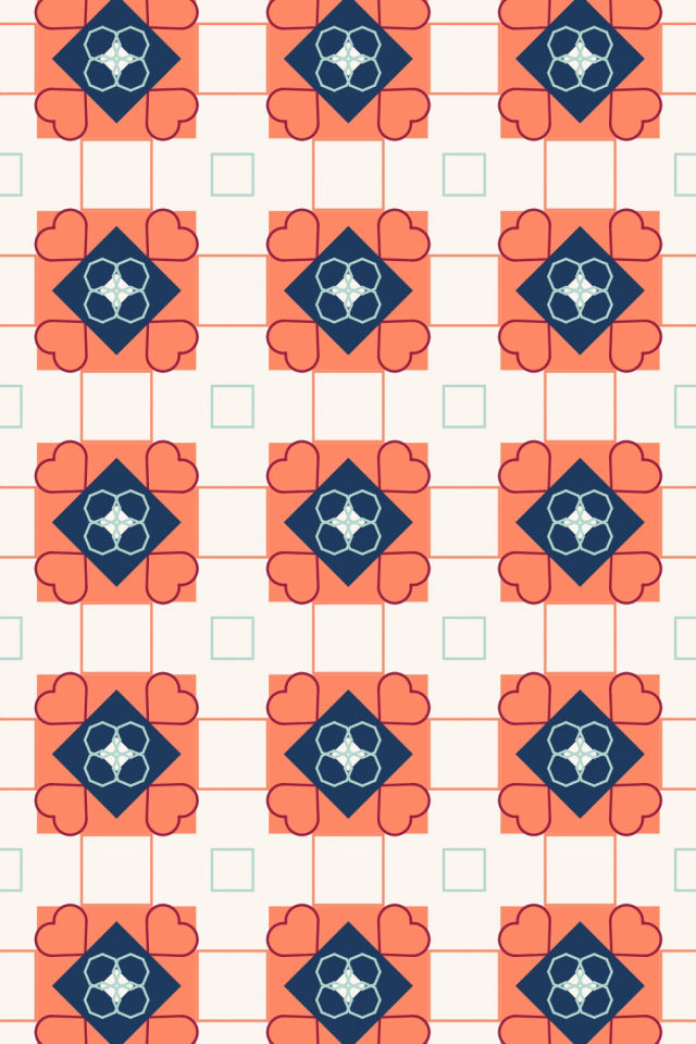 a coral navy tile pattern repeating 3 across, edge to edge