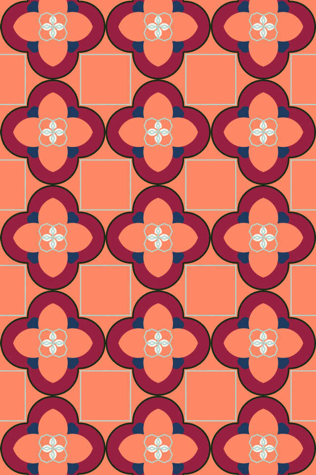 a coral navy tile pattern repeating 3 across, edge to edge