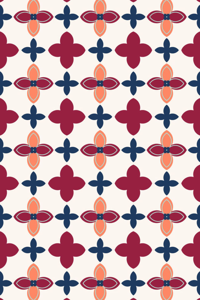 a coral navy tile pattern repeating 3 across, edge to edge