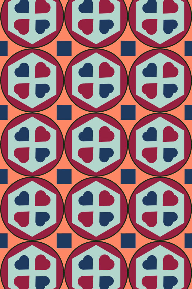 a coral navy tile pattern repeating 3 across, edge to edge