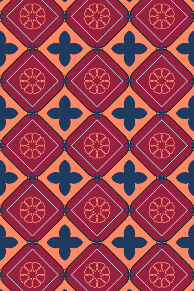 a coral navy tile pattern repeating 3 across, edge to edge