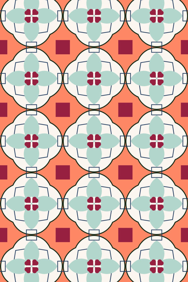 a coral navy tile pattern repeating 3 across, edge to edge