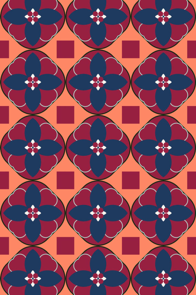 a coral navy tile pattern repeating 3 across, edge to edge