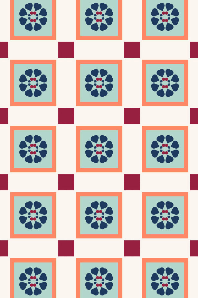 a coral navy tile pattern repeating 3 across, edge to edge