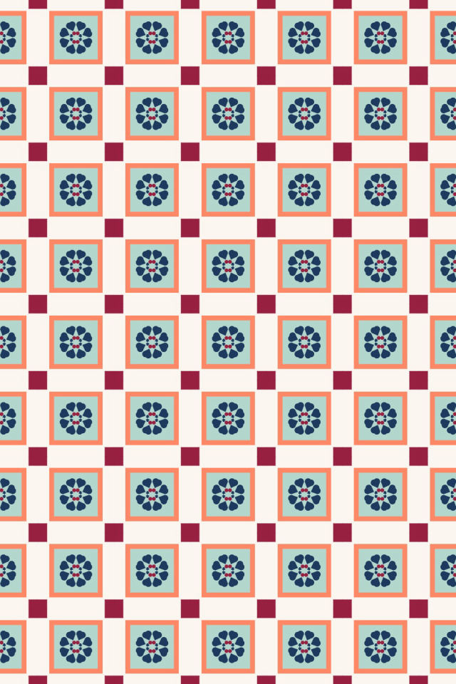 a coral navy tile pattern repeating 6 across, edge to edge