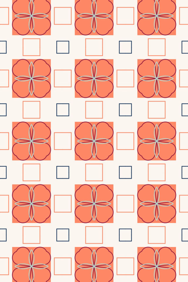 a coral navy tile pattern repeating 3 across, edge to edge