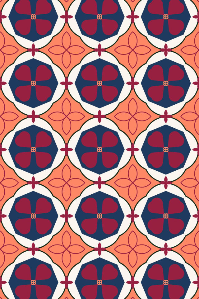 a coral navy tile pattern repeating 3 across, edge to edge