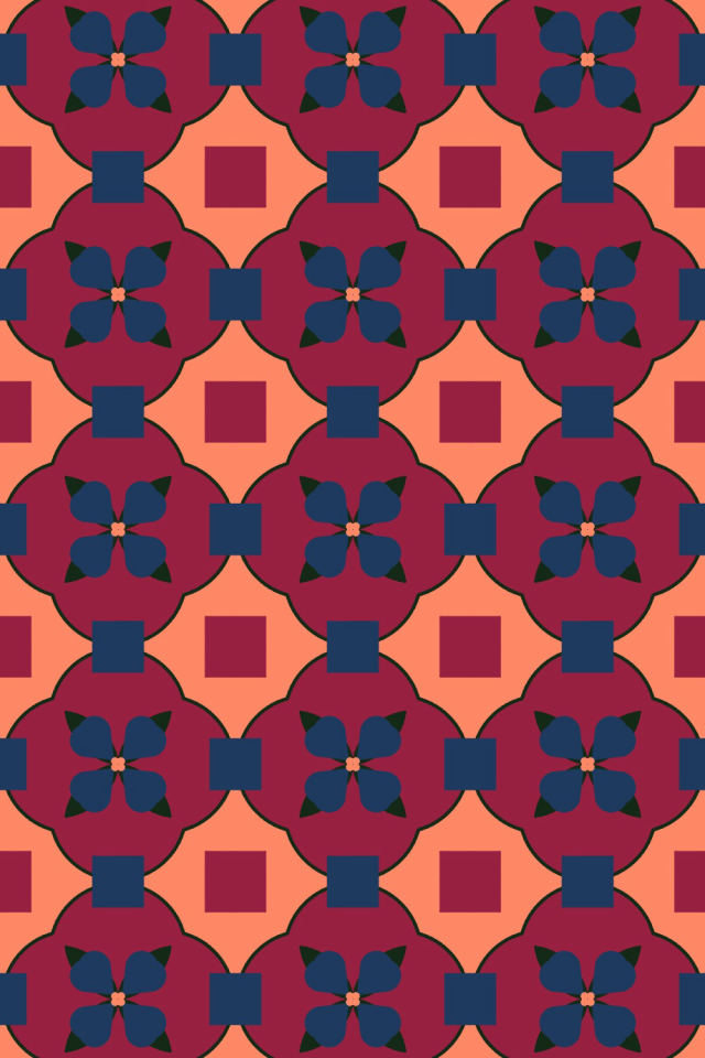 a coral navy tile pattern repeating 3 across, edge to edge