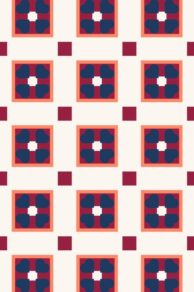 a coral navy tile pattern repeating 3 across, edge to edge
