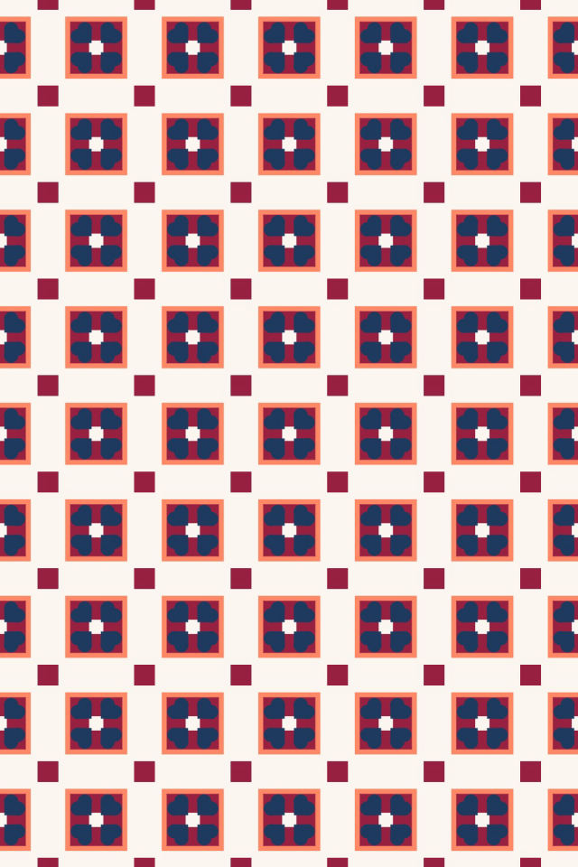 a coral navy tile pattern repeating 6 across, edge to edge