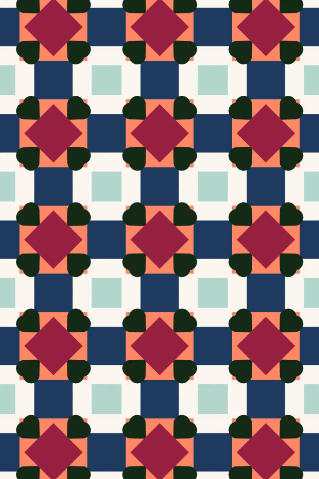 a coral navy tile pattern repeating 3 across, edge to edge