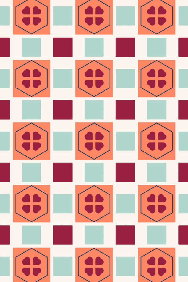 a coral navy tile pattern repeating 3 across, edge to edge