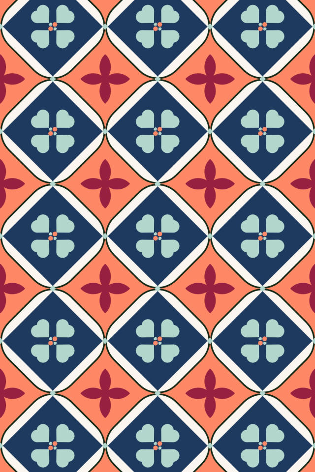 a coral navy tile pattern repeating 3 across, edge to edge