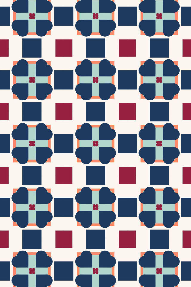 a coral navy tile pattern repeating 3 across, edge to edge