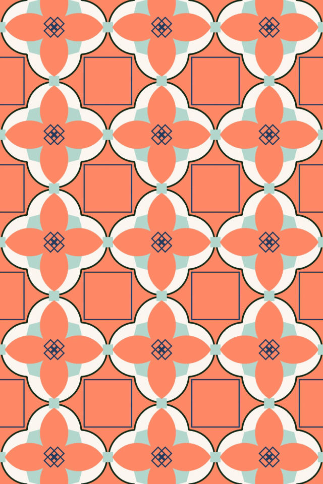 a coral navy tile pattern repeating 3 across, edge to edge
