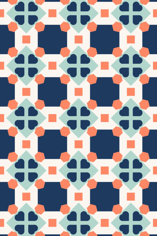 a coral navy tile pattern repeating 3 across, edge to edge