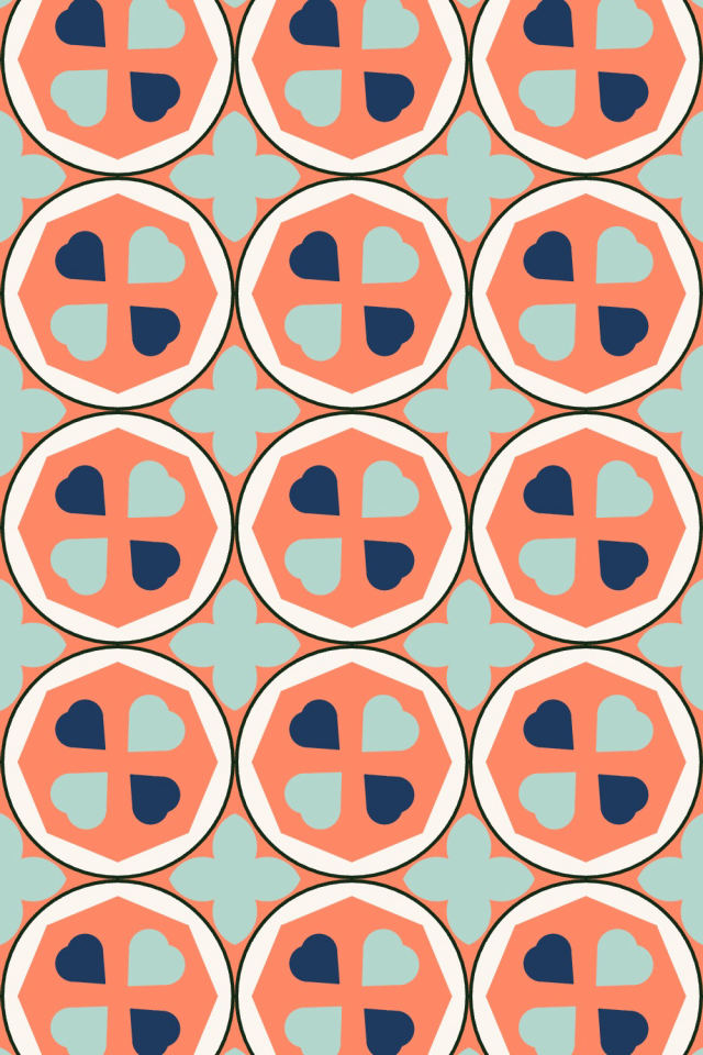 a coral navy tile pattern repeating 3 across, edge to edge