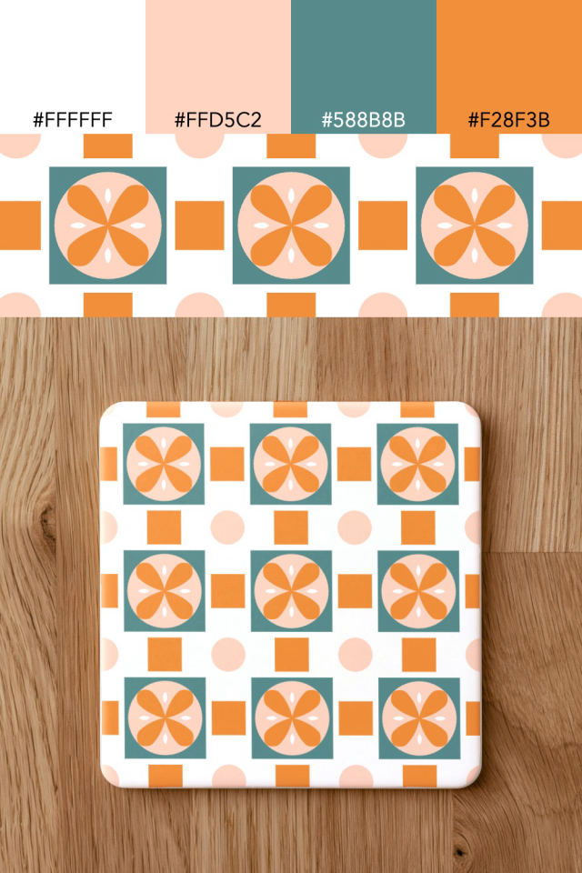 the colors one coral-reef tile is drawn in, with their hex codes, and the tile printed on a coaster