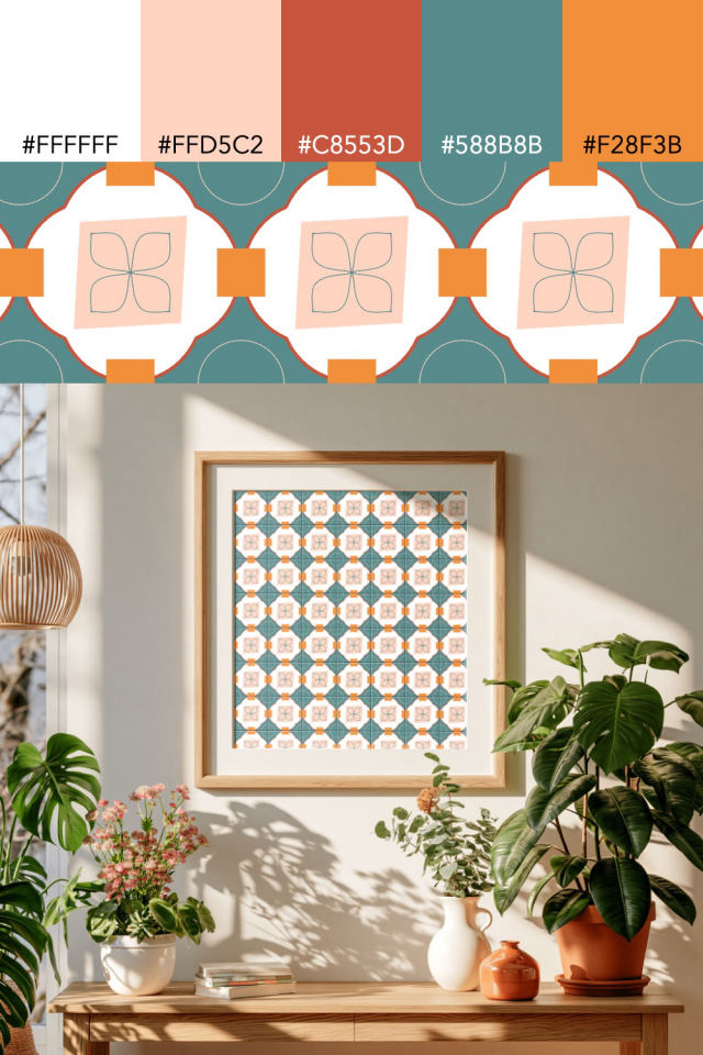 the colors one coral-reef tile is drawn in, with their hex codes, and the tile printed on a frame