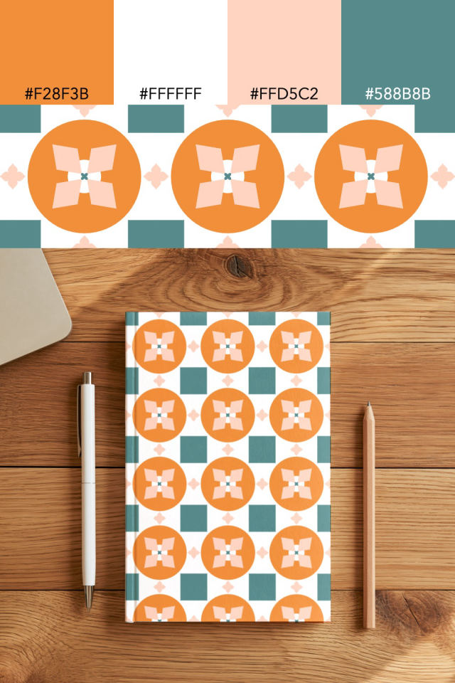 the colors one coral-reef tile is drawn in, with their hex codes, and the tile printed on a notebook