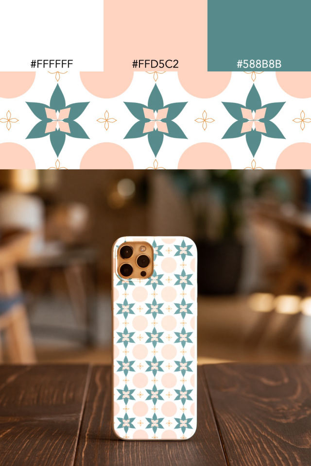 the colors one coral-reef tile is drawn in, with their hex codes, and the tile printed on a phone case
