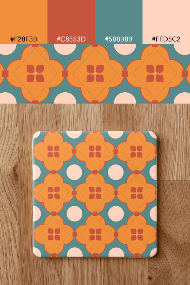 the colors one coral-reef tile is drawn in, with their hex codes, and the tile printed on a coaster