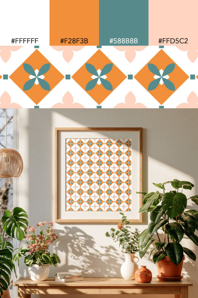 the colors one coral-reef tile is drawn in, with their hex codes, and the tile printed on a frame