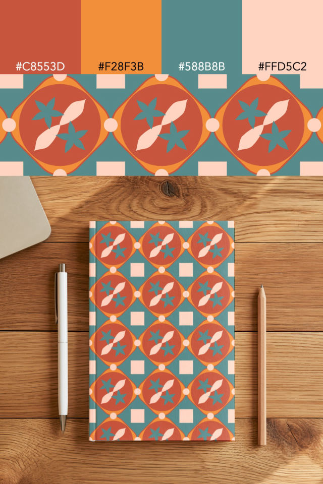 the colors one coral-reef tile is drawn in, with their hex codes, and the tile printed on a notebook