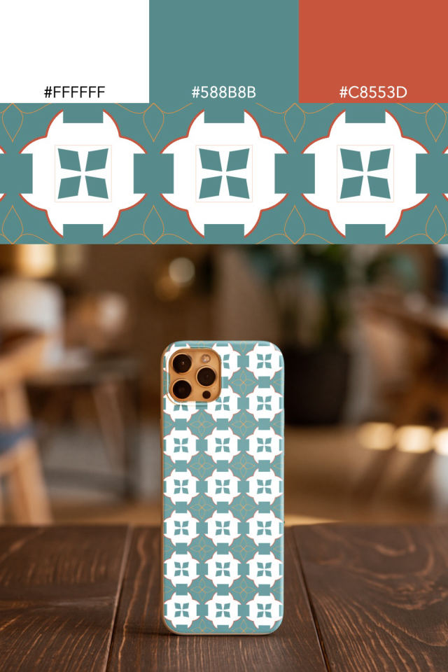 the colors one coral-reef tile is drawn in, with their hex codes, and the tile printed on a phone case