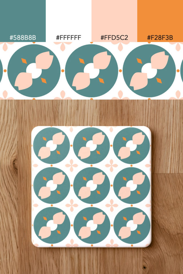 the colors one coral-reef tile is drawn in, with their hex codes, and the tile printed on a coaster