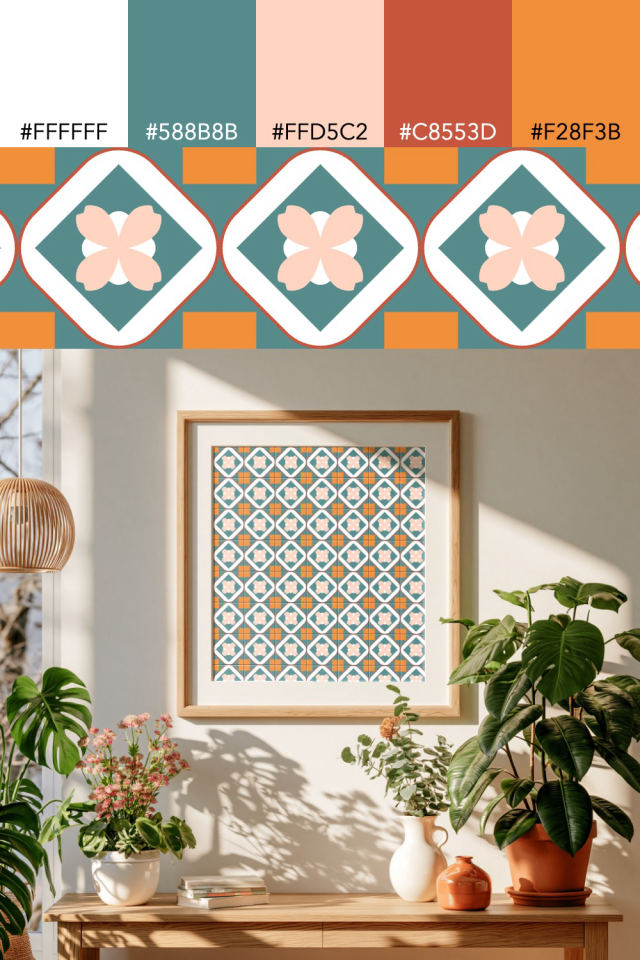 the colors one coral-reef tile is drawn in, with their hex codes, and the tile printed on a frame