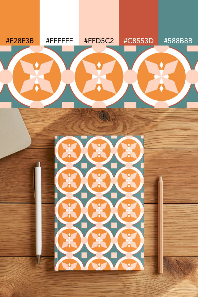 the colors one coral-reef tile is drawn in, with their hex codes, and the tile printed on a notebook